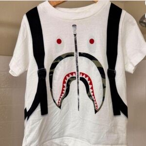 Bape White Shark Face Tee with Black Strap Graphic